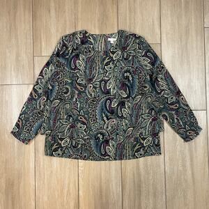 J.Jill Petite Large Paisley Blouse Green Tie Hem Long Sleeve Top